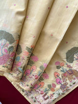 Gleaming Yellow Embroidery Work Tussar Silk Saree With Entrancing Blouse Piece