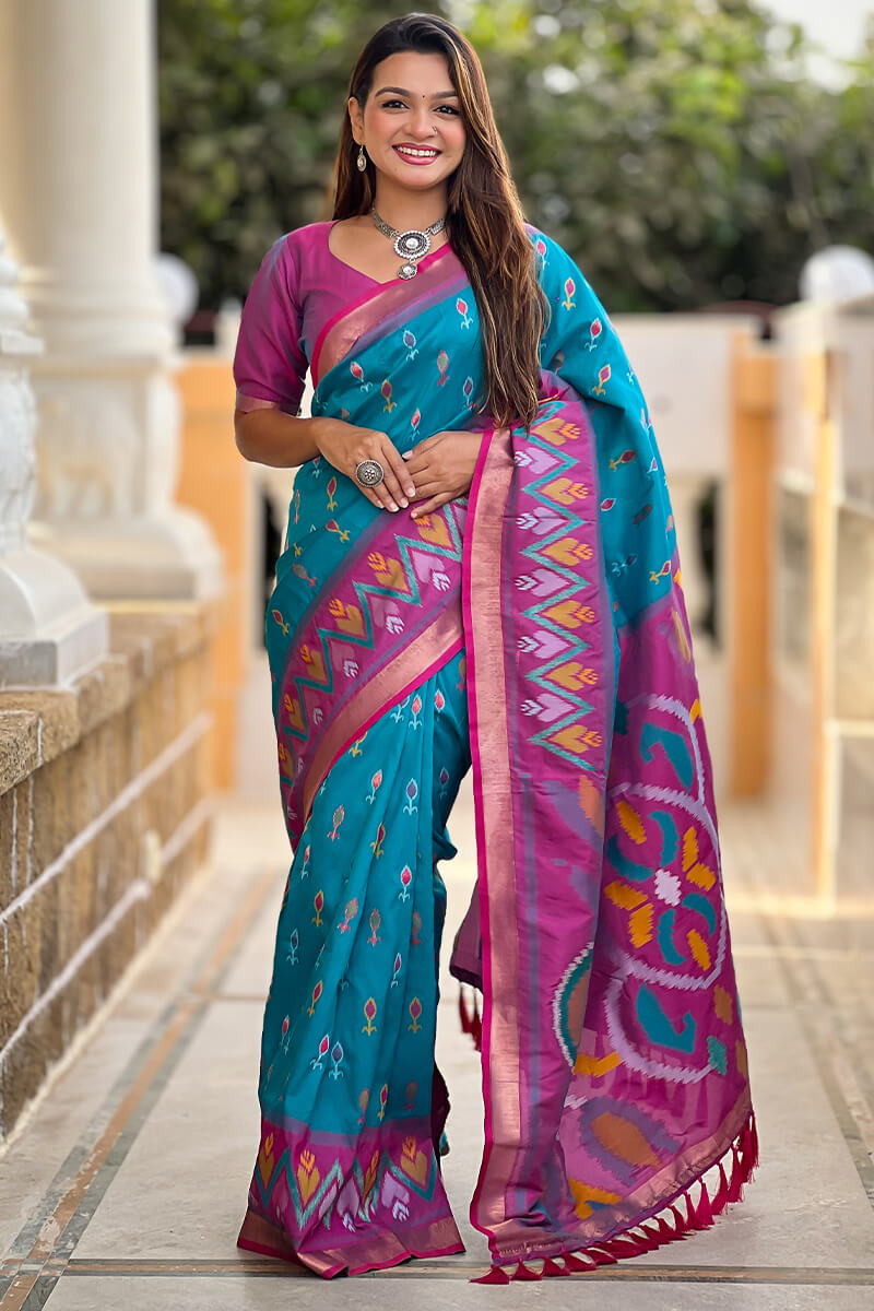 Jubilant Firozi Soft Banarasi Silk Saree With Verdant Blouse Piece