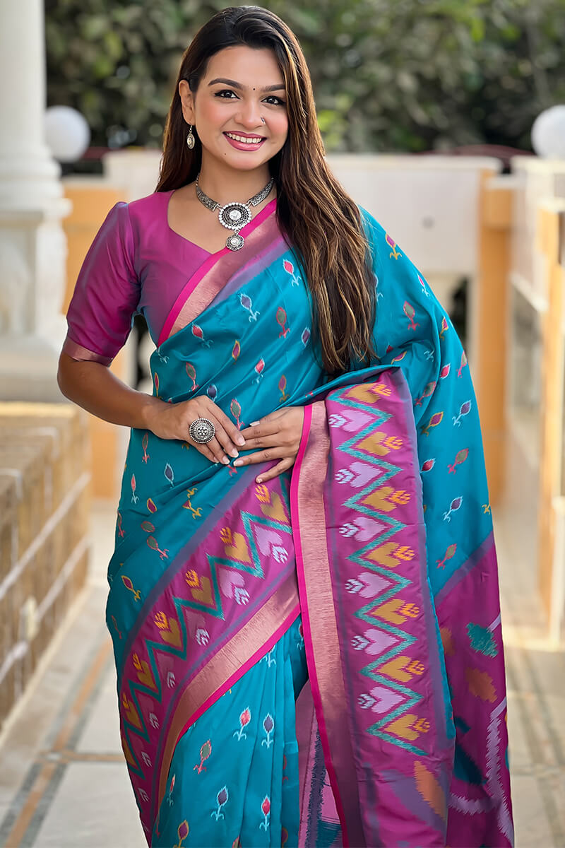 Jubilant Firozi Soft Banarasi Silk Saree With Verdant Blouse Piece