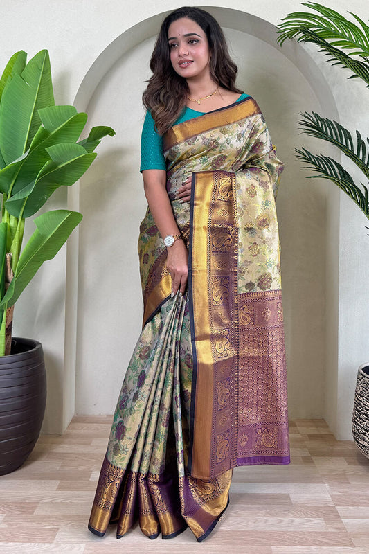 Imaginative Beige and Blue Kanjivaram Silk Saree With Refreshing Blouse Piece