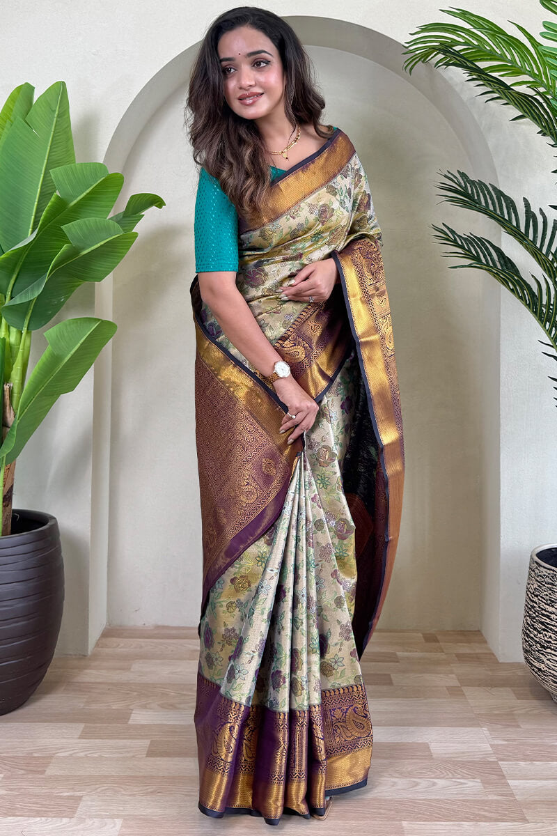 Imaginative Beige and Blue Kanjivaram Silk Saree With Refreshing Blouse Piece