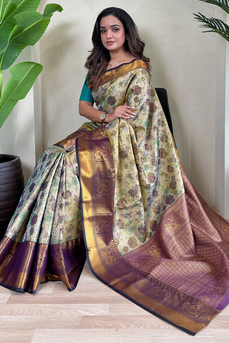 Imaginative Beige and Blue Kanjivaram Silk Saree With Refreshing Blouse Piece