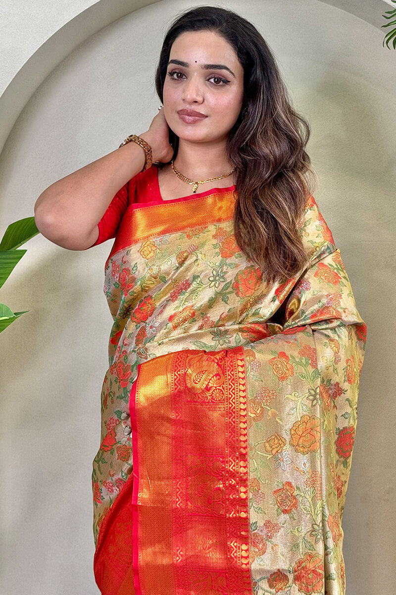 Lovely Beige and Red Kanjivaram Silk Saree With Fancifull Blouse Piece
