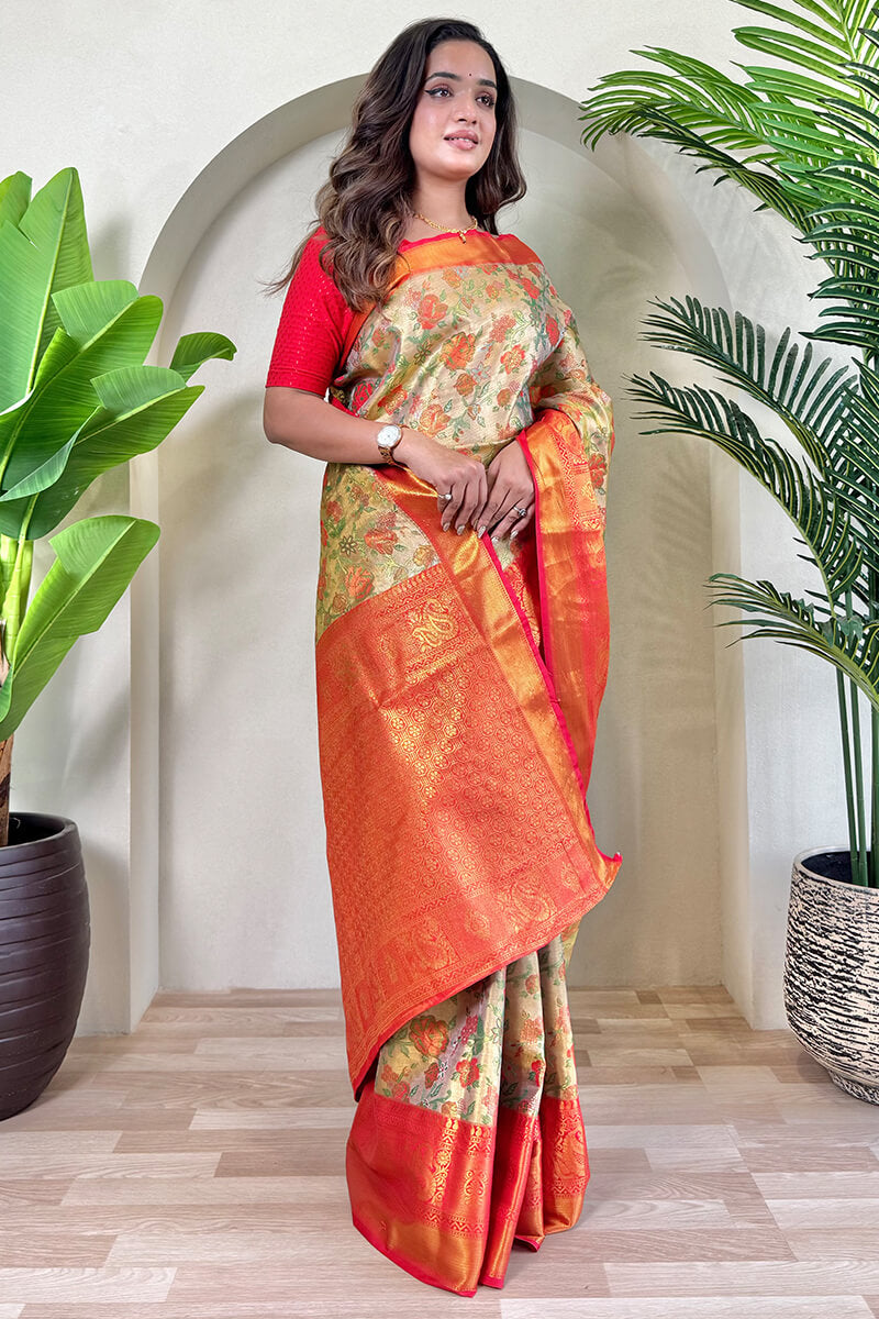 Lovely Beige and Red Kanjivaram Silk Saree With Fancifull Blouse Piece