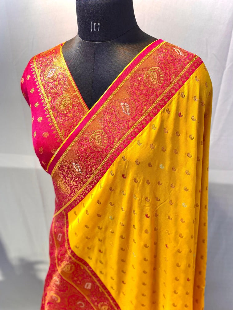 Dazzling Yellow Soft Banarasi Silk Saree With Exemplary Blouse Piece