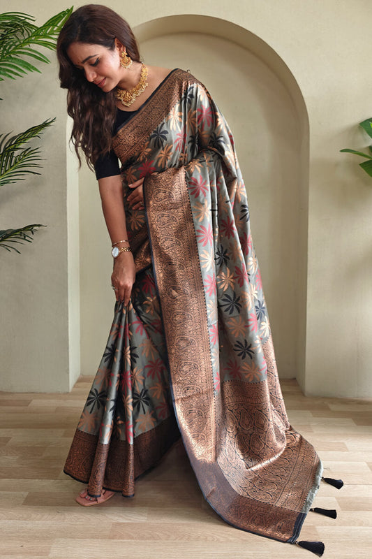 Enticing Grey Soft Banarasi Silk Saree With Verdant Blouse Piece