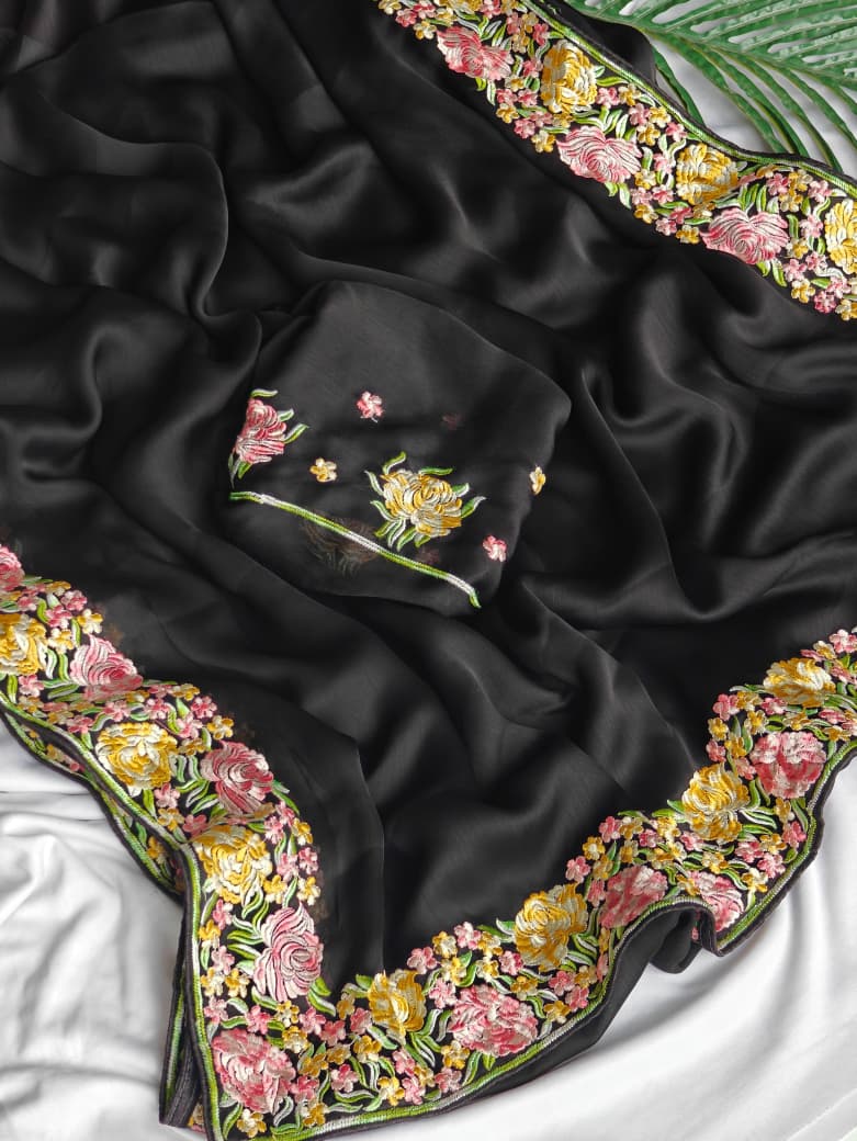 Deserving Black Embroidery Work Chiffon Silk Saree With Adoring Blouse Piece