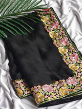 Deserving Black Embroidery Work Chiffon Silk Saree With Adoring Blouse Piece