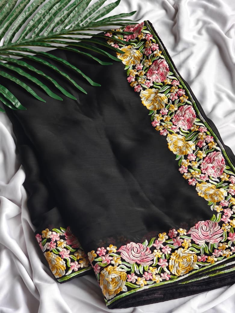 Deserving Black Embroidery Work Chiffon Silk Saree With Adoring Blouse Piece