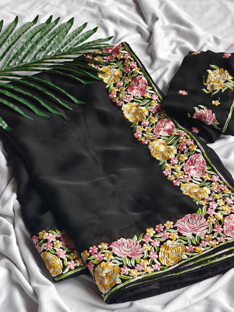 Deserving Black Embroidery Work Chiffon Silk Saree With Adoring Blouse Piece