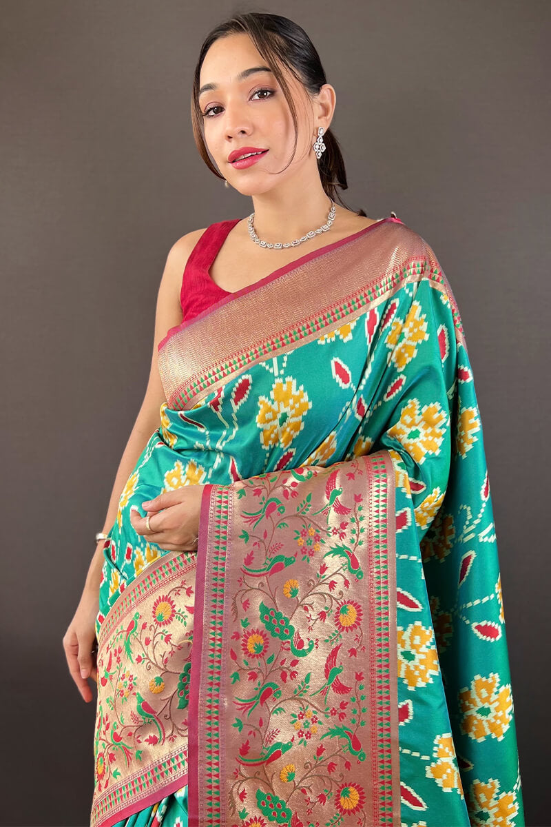 Amazing Green Patola Silk Saree with Mesmerising Blouse Piece