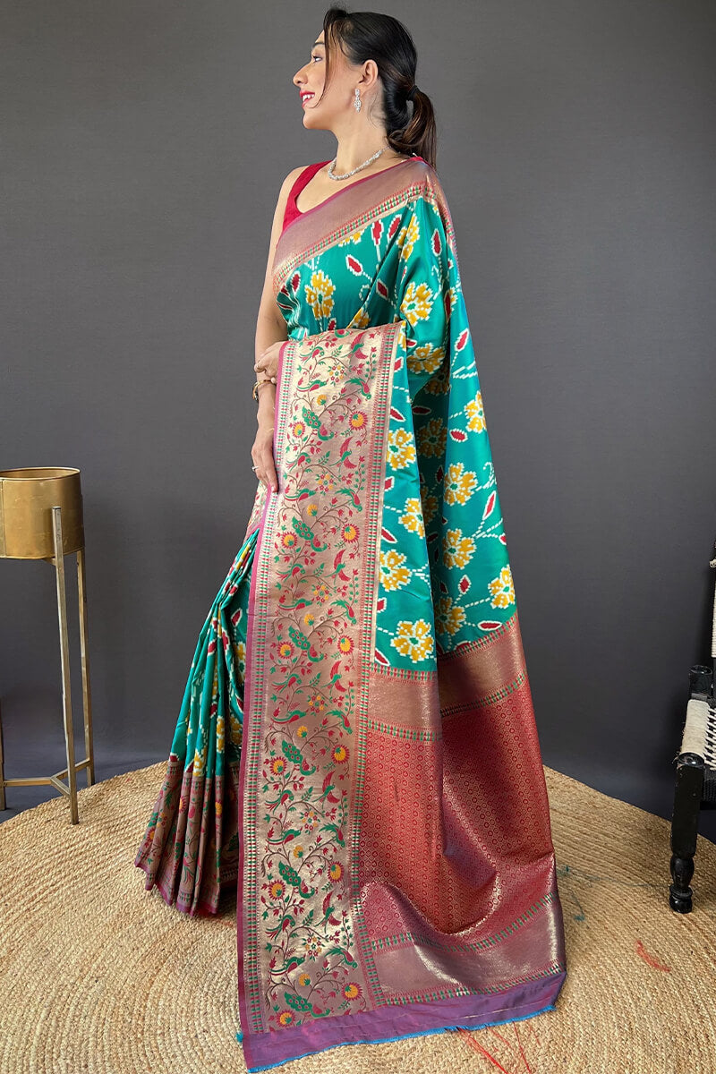 Amazing Green Patola Silk Saree with Mesmerising Blouse Piece