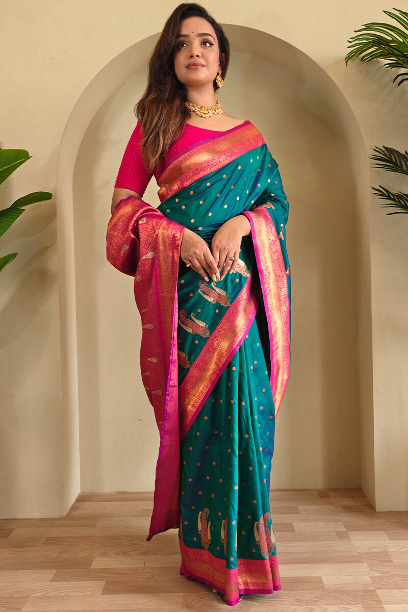 Pleasurable Rama Soft Banarasi Silk Saree With Transcendent Blouse Piece