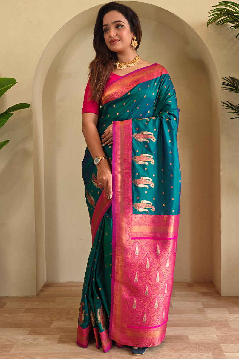 Pleasurable Rama Soft Banarasi Silk Saree With Transcendent Blouse Piece