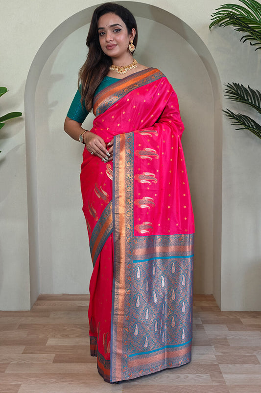 Enigmatic Dark Pink Soft Banarasi Silk Saree With Panache Blouse Piece