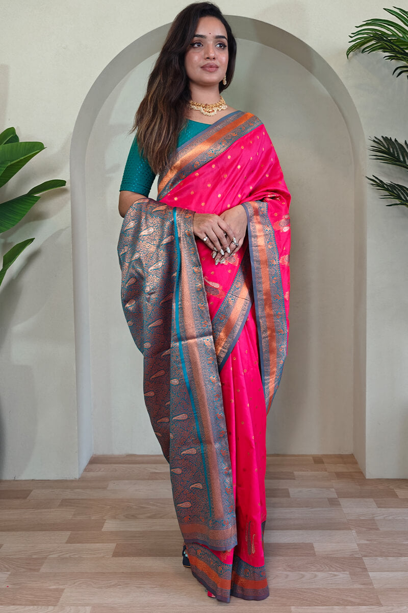 Enigmatic Dark Pink Soft Banarasi Silk Saree With Panache Blouse Piece