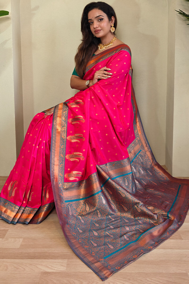 Enigmatic Dark Pink Soft Banarasi Silk Saree With Panache Blouse Piece