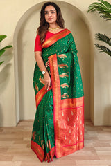 Rhapsody Green Soft Banarasi Silk Saree With Ethereal Blouse Piece