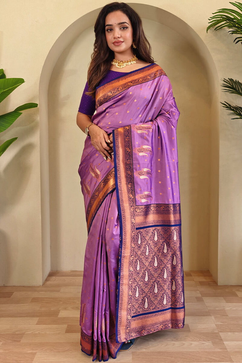 Tempting Lavender Soft Banarasi Silk Saree With Staggering Blouse Piece