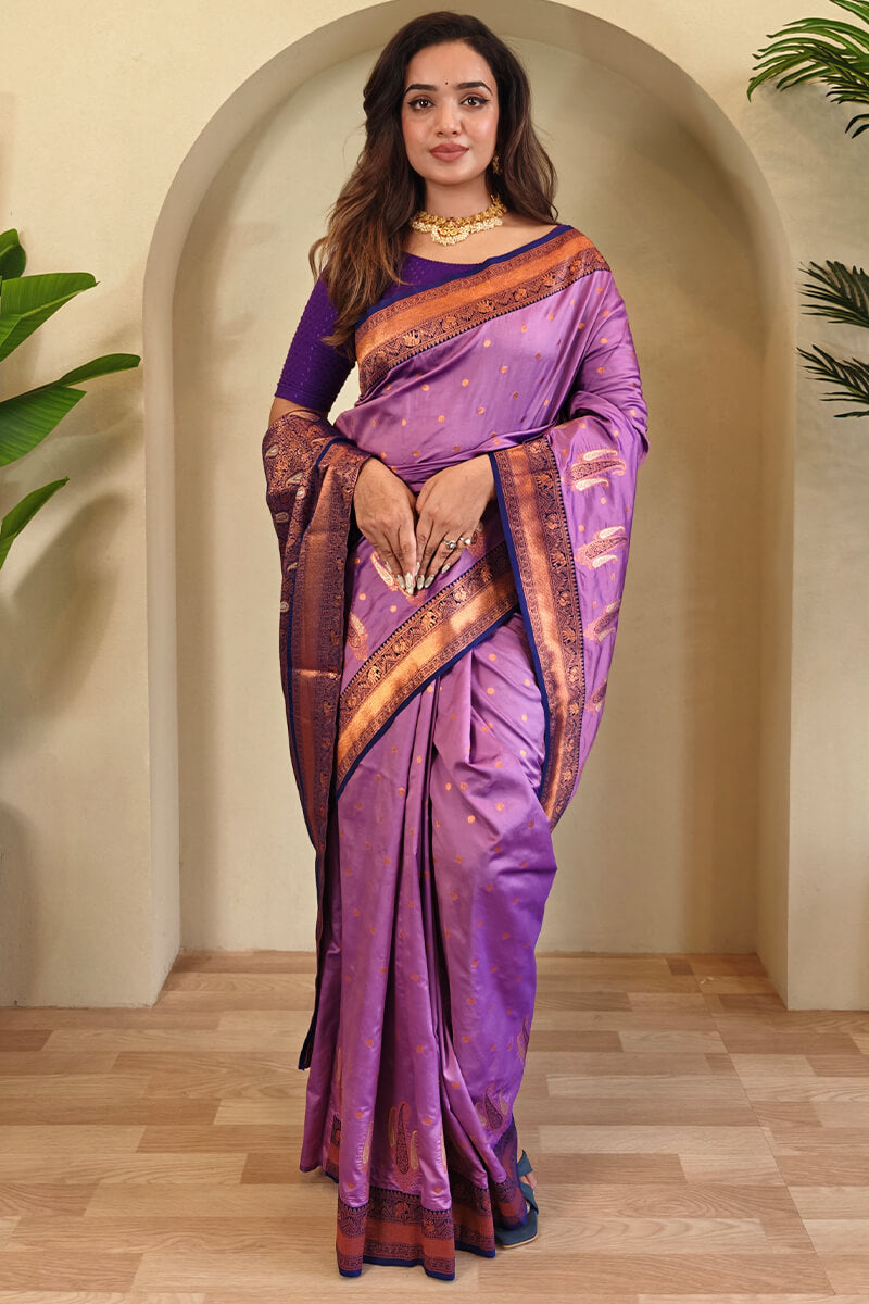 Tempting Lavender Soft Banarasi Silk Saree With Staggering Blouse Piece