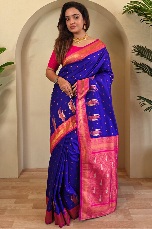 Entrancing Royal Blue Soft Banarasi Silk Saree With Palimpsest Blouse Piece