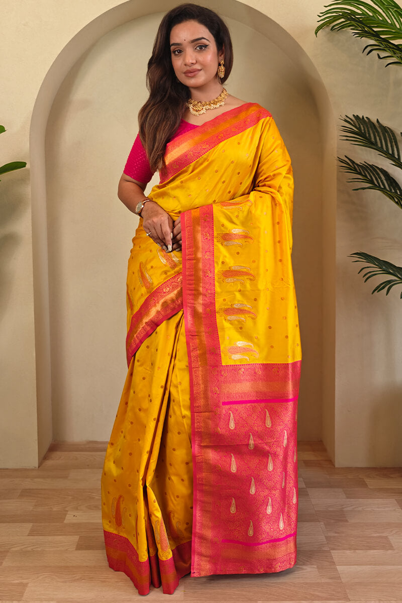 Designer Yellow Soft Banarasi Silk Saree With Adorning Blouse Piece