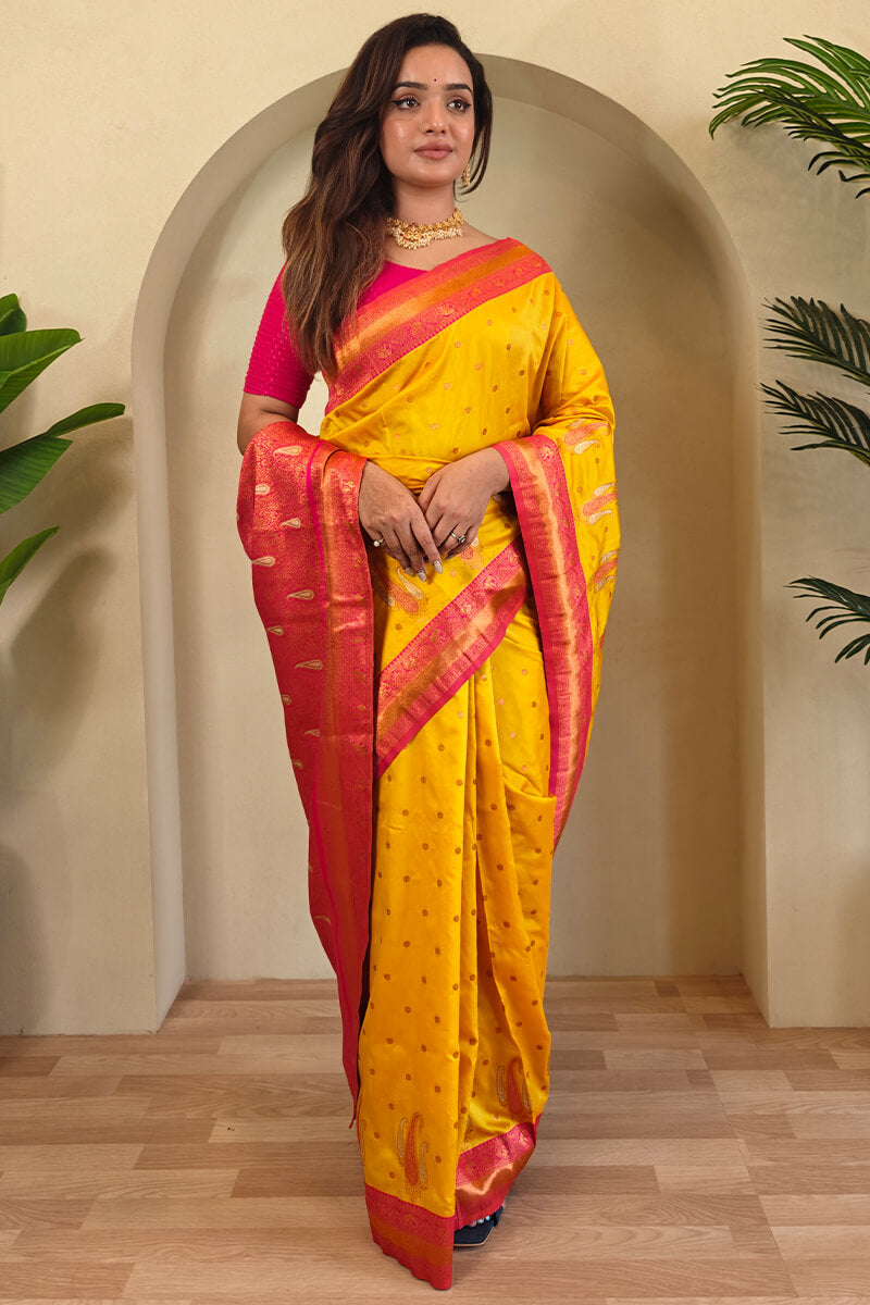 Designer Yellow Soft Banarasi Silk Saree With Adorning Blouse Piece