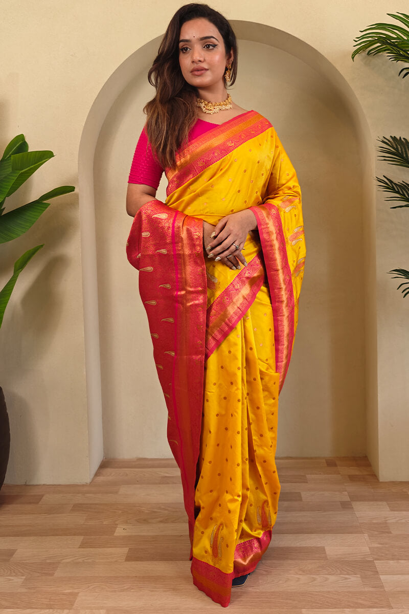Designer Yellow Soft Banarasi Silk Saree With Adorning Blouse Piece