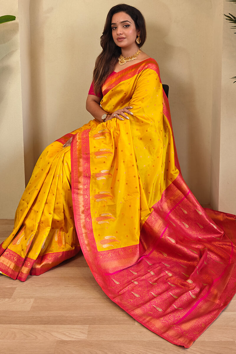 Designer Yellow Soft Banarasi Silk Saree With Adorning Blouse Piece
