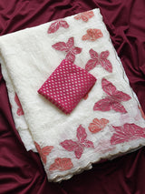 Excellent Off White Embroidery Work Crush Chiffon Silk Saree With Vivacious Blouse Piece