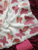 Excellent Off White Embroidery Work Crush Chiffon Silk Saree With Vivacious Blouse Piece