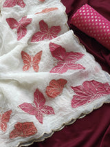 Excellent Off White Embroidery Work Crush Chiffon Silk Saree With Vivacious Blouse Piece