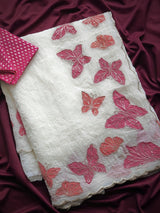 Excellent Off White Embroidery Work Crush Chiffon Silk Saree With Vivacious Blouse Piece