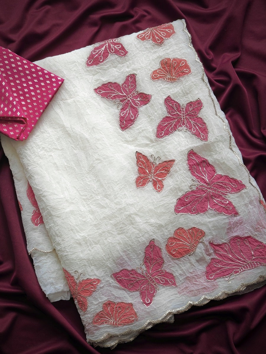 Excellent Off White Embroidery Work Crush Chiffon Silk Saree With Vivacious Blouse Piece