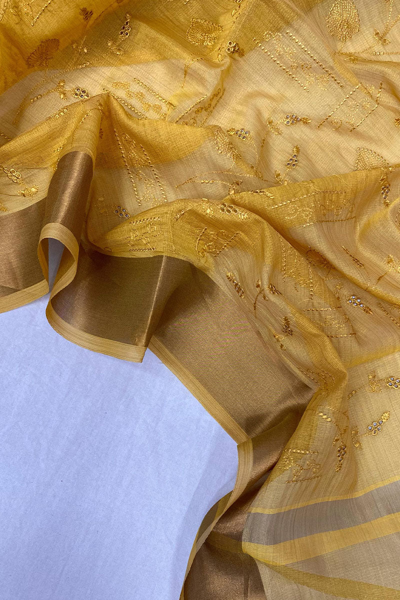 Pulsating Yellow Embroidery Work Tussar Silk Saree With Majestic Blouse Piece