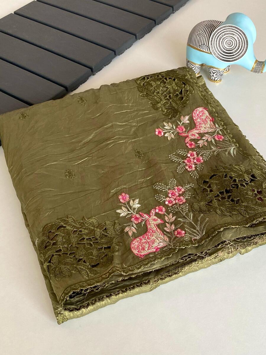 Refreshing Green Embroidery Work Crush Silk Saree With Eloquence Blouse Piece