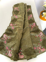 Refreshing Green Embroidery Work Crush Silk Saree With Eloquence Blouse Piece