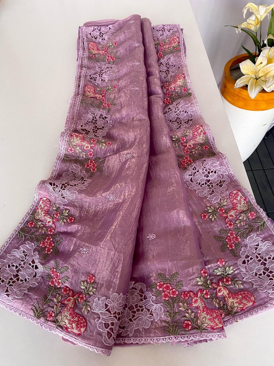 Ratatouille Lavender Embroidery Work Crush Silk Saree With Charming Blouse Piece