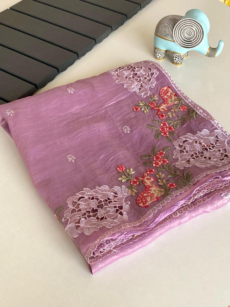 Ratatouille Lavender Embroidery Work Crush Silk Saree With Charming Blouse Piece
