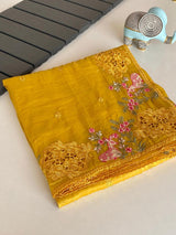 Angelic Mustard Embroidery Work Crush Silk Saree With Fragrant Blouse Piece