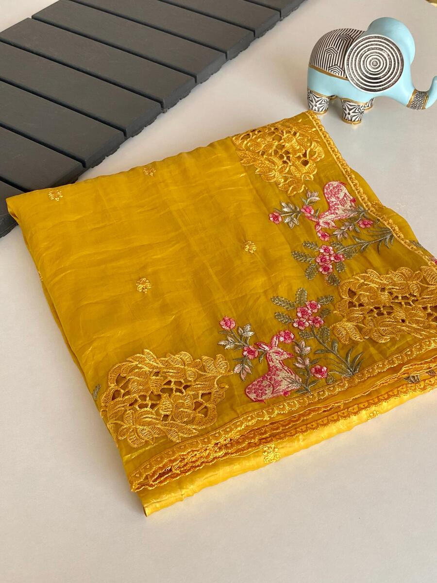 Angelic Mustard Embroidery Work Crush Silk Saree With Fragrant Blouse Piece