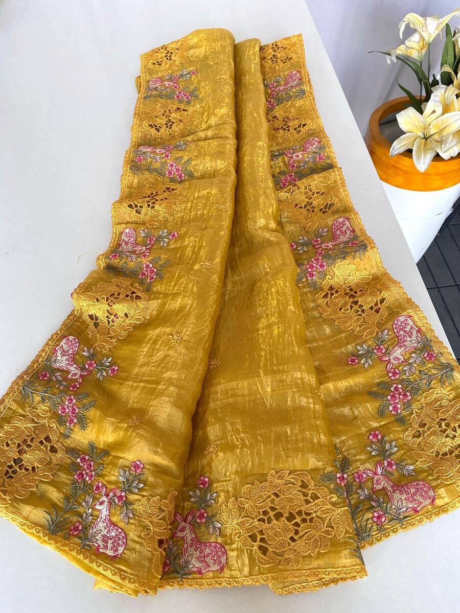 Angelic Mustard Embroidery Work Crush Silk Saree With Fragrant Blouse Piece