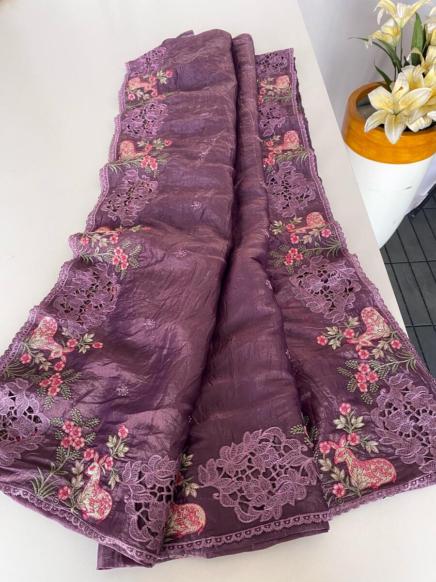 Dazzling Purple Embroidery Work Crush Silk Saree With Majesty Blouse Piece