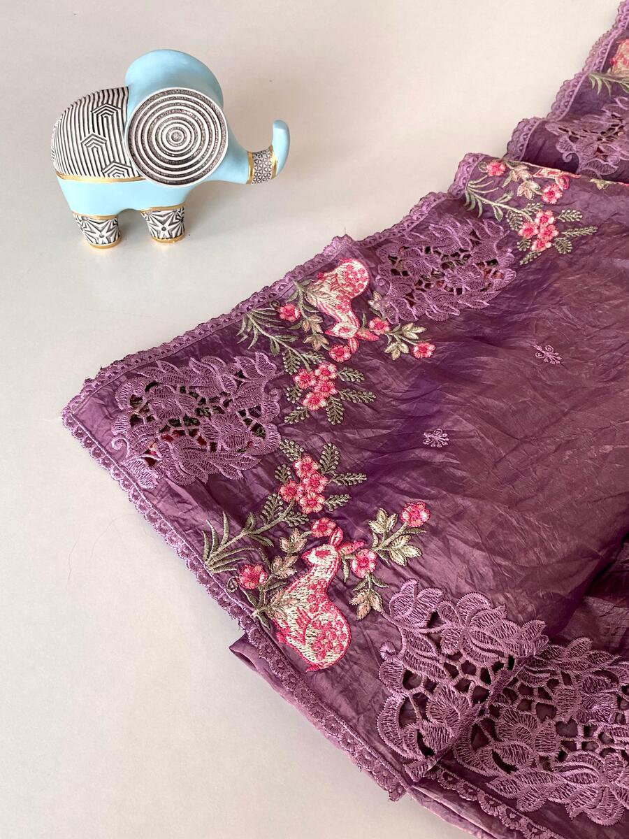 Dazzling Purple Embroidery Work Crush Silk Saree With Majesty Blouse Piece