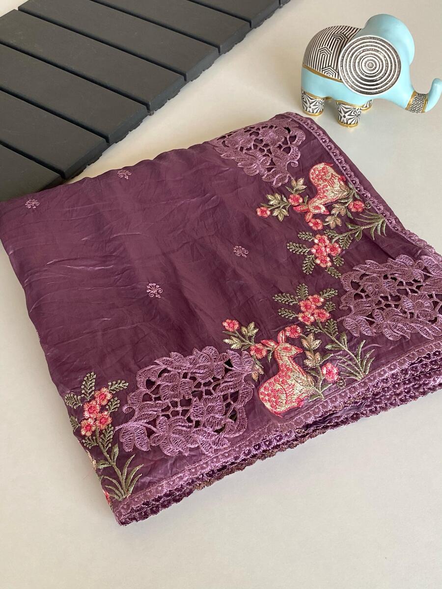Dazzling Purple Embroidery Work Crush Silk Saree With Majesty Blouse Piece