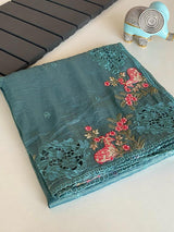 Classy Rama Embroidery Work Crush Silk Saree With Pleasant Blouse Piece