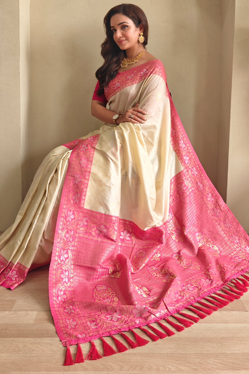Flaunt Beige Soft Banarasi Silk Saree With Wonderful Blouse Piece