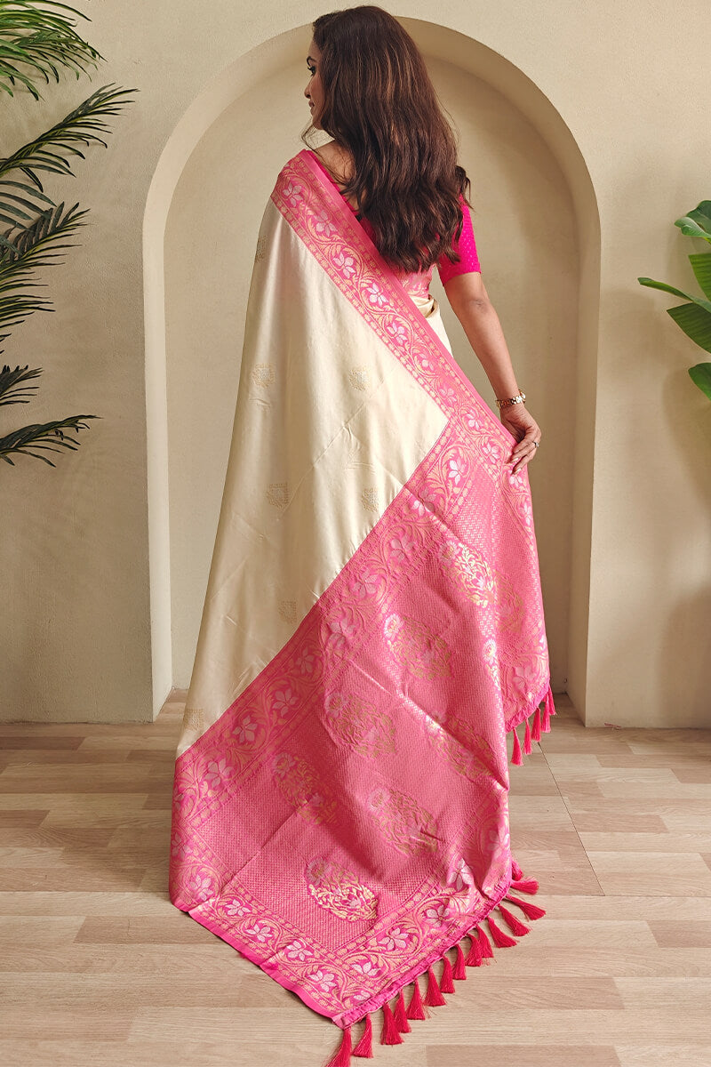 Flaunt Beige Soft Banarasi Silk Saree With Wonderful Blouse Piece