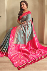 Comely Grey Soft Banarasi Silk Saree With Cynosure Blouse Piece