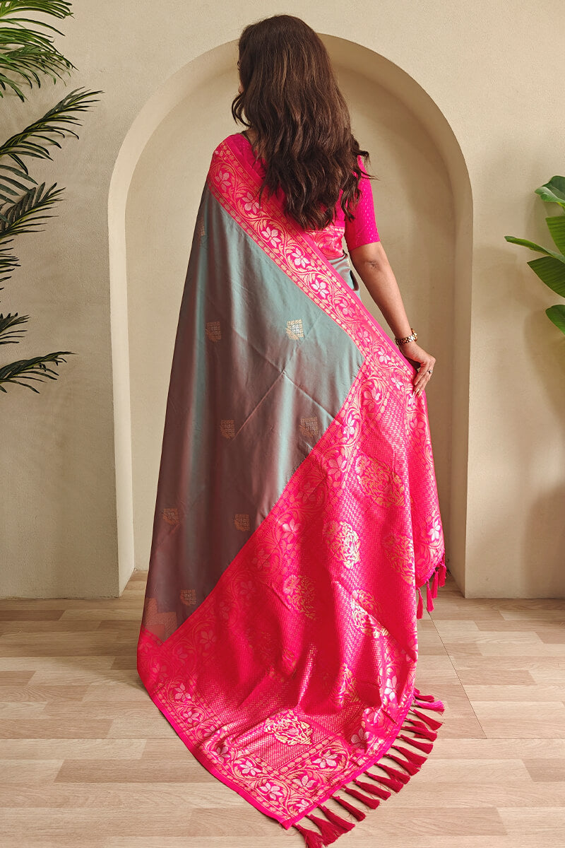 Comely Grey Soft Banarasi Silk Saree With Cynosure Blouse Piece